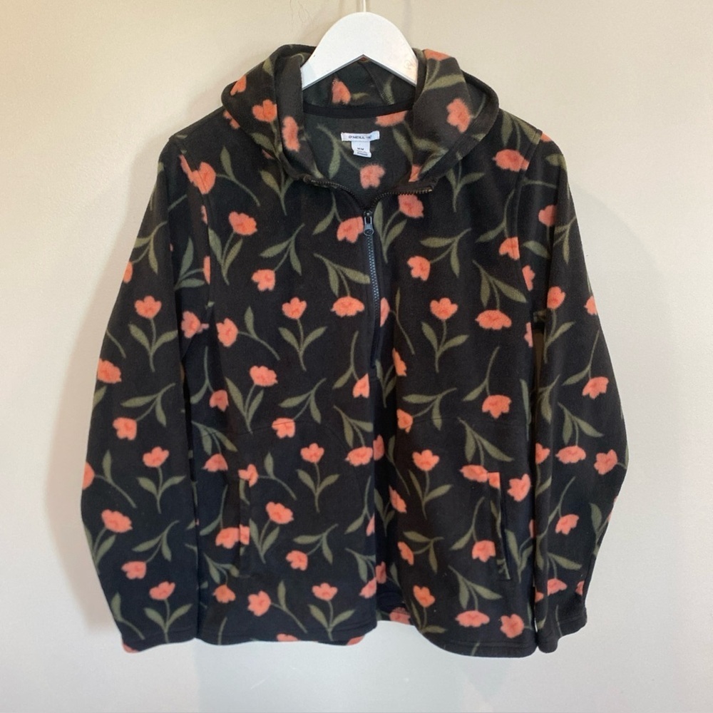 Oneill Hoodie Womens Medium Black Pink Floral Fleece Hooded Boho Beachy Pullover